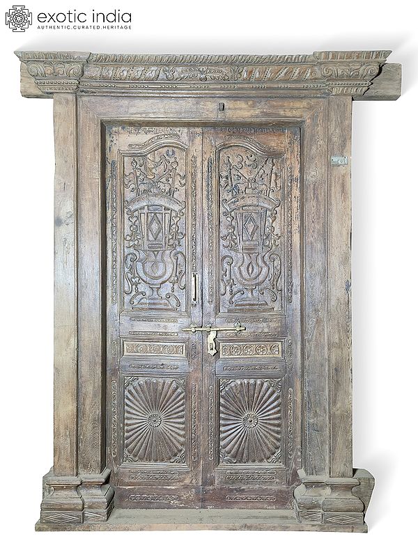 84" Hand Carved Vintage Style Wood Door With Frame