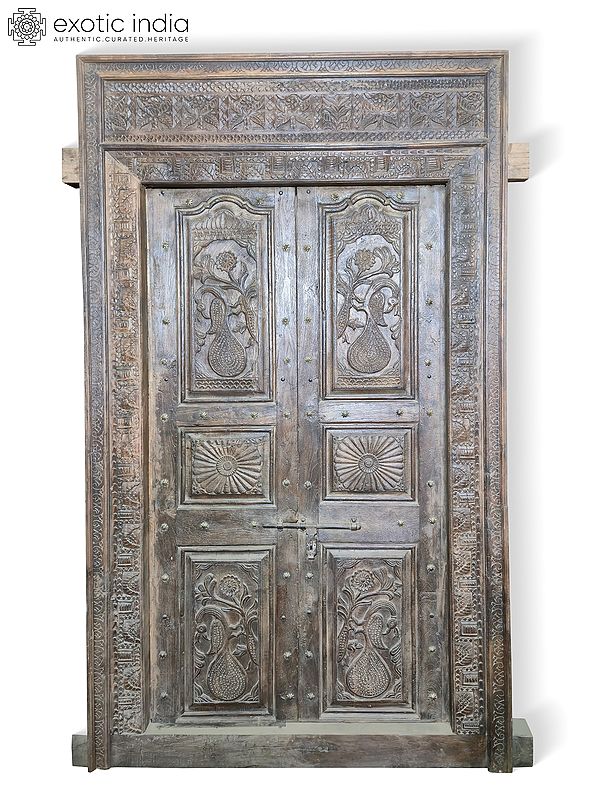 100" Peacock Hand Carved Vintage Style Indian Front Wood Door