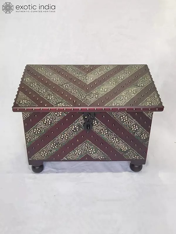 15" Decorative Brass And Metal Floral Design Wooden Jewelry Box