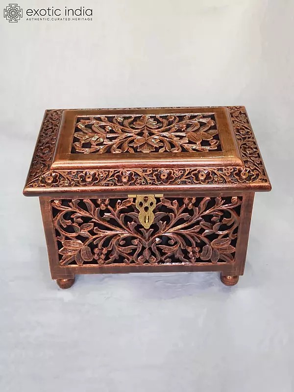 15" Vintage Hand Carved Floral Patterns Wooden Jewelry Box