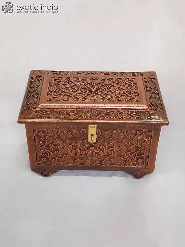 Vintage Carved Wooden Jewelry Chest with Floral Motifs