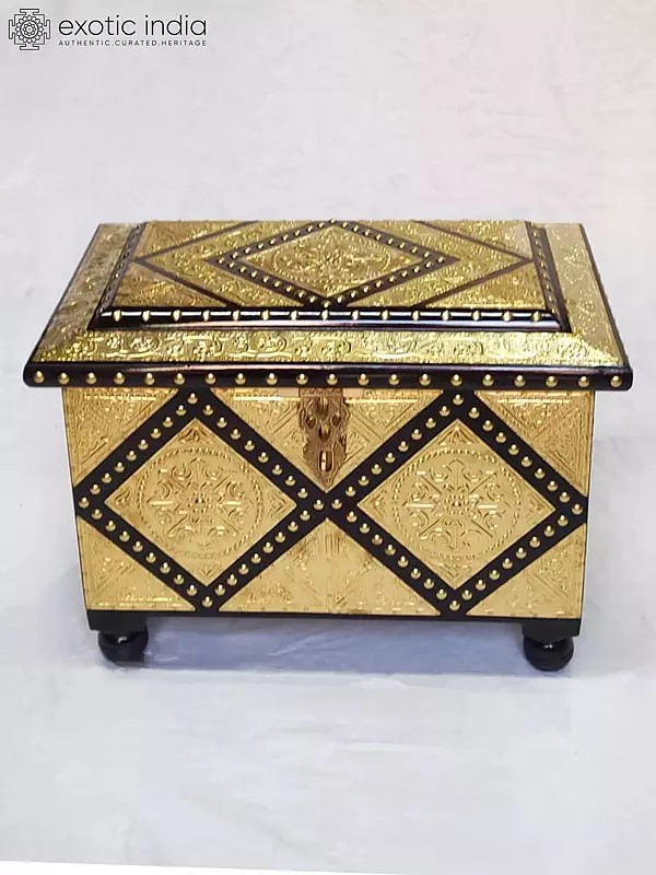 15" Golden Hand Carved Floral Wooden Jewelry Box