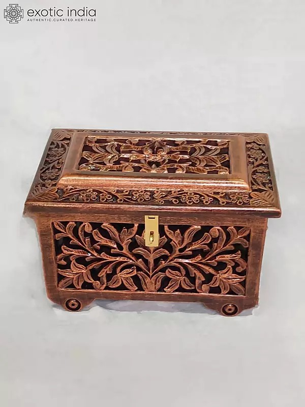 18" Hand Carved Floral Pattern Metallic Wooden Jewelry Box