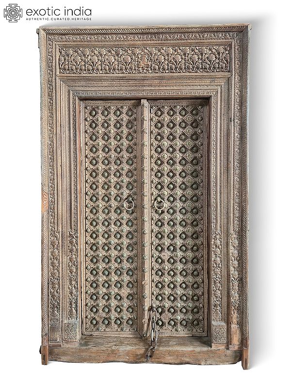 100" Large Vintage Hand Carved Solid Sal Wood Door With Frame