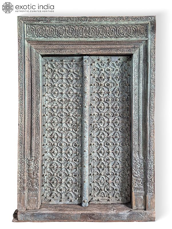 98" Large Indian Traditional Hand carved Old Solid Sal Wood Double Door With Frame