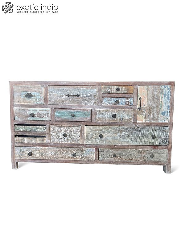 64" Reclaimed Wood Hand Carved Multi Drawer Cabinet