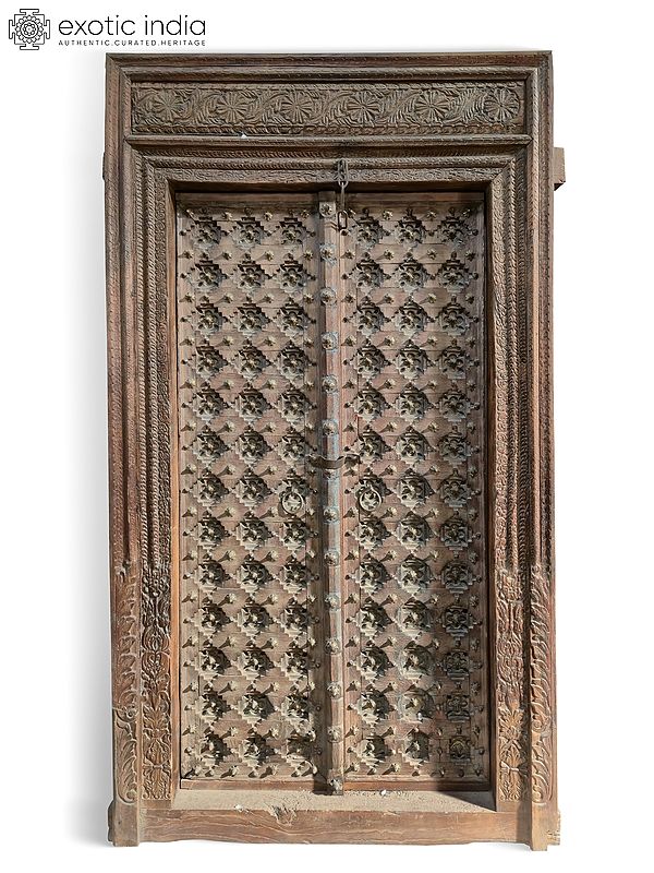 96" Large Traditional Hand Carved Floral And Geometric Motifs Door With Frame
