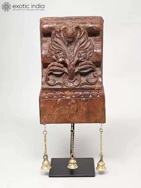 16" Wood Carved Designer Showpiece on Iron Stand with Brass Bells | Table Decor