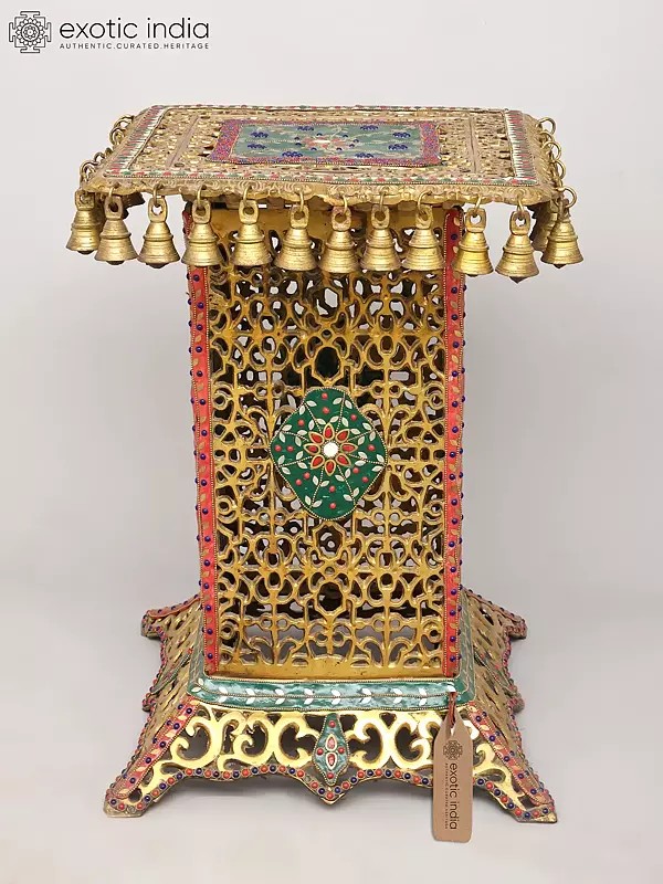 22" Jali Design Pedestal/Chowki with Bells | Brass with Inlay Work