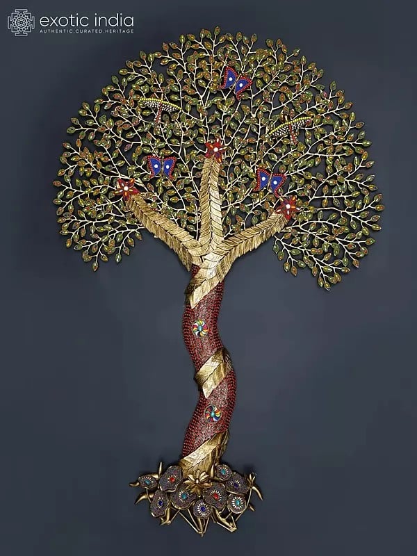 53" Large Tree of Life with Birds | Wall Mounted | Brass with Inlay Work