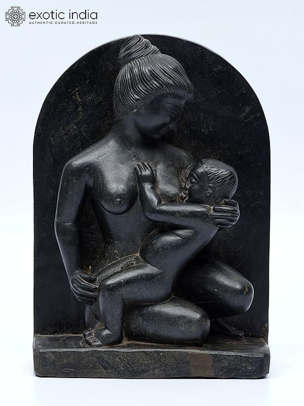 10" Mother Feeding Her Child | Black Stone Statue