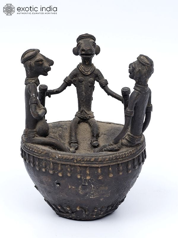 4" Tribal People on a Circular Boat | Brass Statue