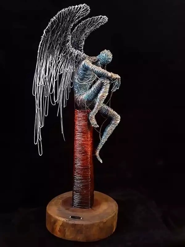 11" Angel Figure On Iron Wire | Handmade Iron Sculpture | Table And Home Décor