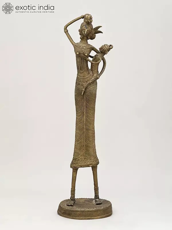 17" Tribal Working Mother with Child | Brass Statue | Table Decor