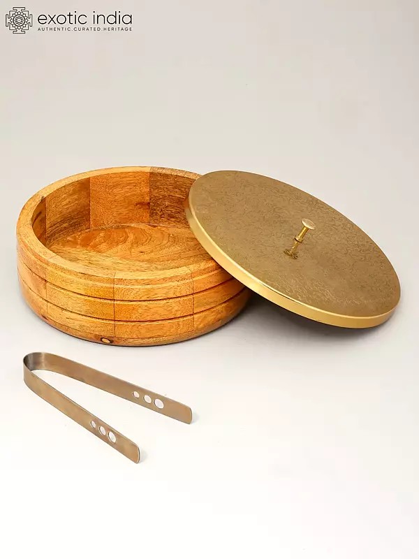 9" Wooden Chapati Box with Brass Lid and Kitchen Tong
