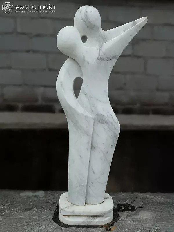 52" Two Become One | Couple Abstract Art Statue | White Marble | Hand Carved