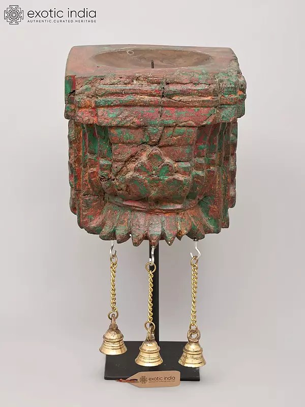 13" Wood Carved Designer Candle Stand with Brass Bells | Home Decor