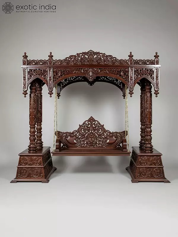 126" Large Traditional Wooden Hand Carved | Floral Motifs Design Swing with Brass Chains | Home Decor | Shipped by Sea Overseas