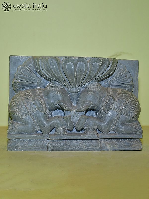 8" Two Elephants with Lotus Flower | Green Stone Statue | Home Decor| Hand Carved