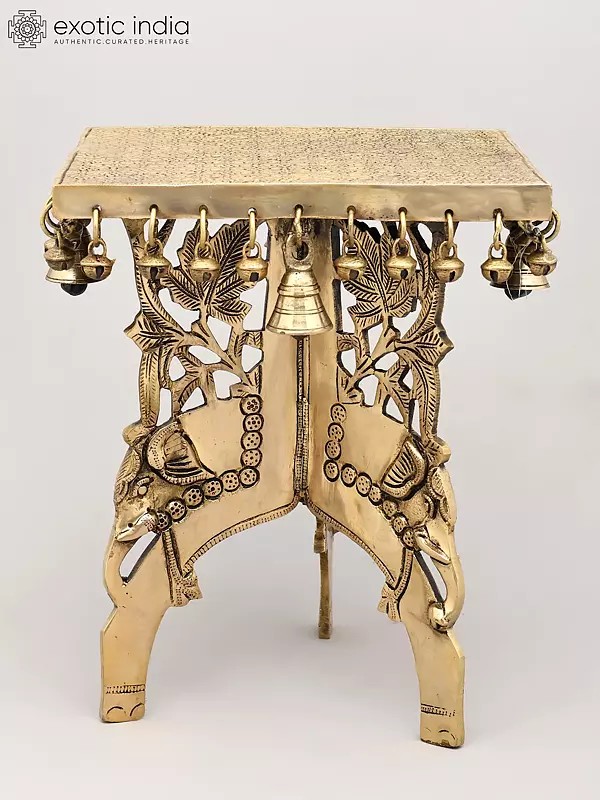 11" Elephant Design Square Shaped Brass Pedestal with Dangling Bells and Ghungroos