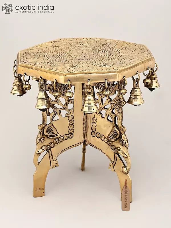 11" Octagon Shaped Elephant Design Brass Pedestal with Dangling Bells and Ghungroos