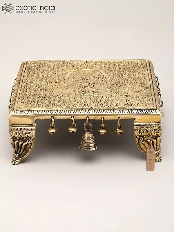 11" Square Shaped Peacock Design Brass Chowki (Pedestal) with Bells and Ghungroos