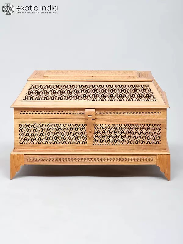 18" Intricately Carved Wooden Chest | Decorative Jali Design Storage Box