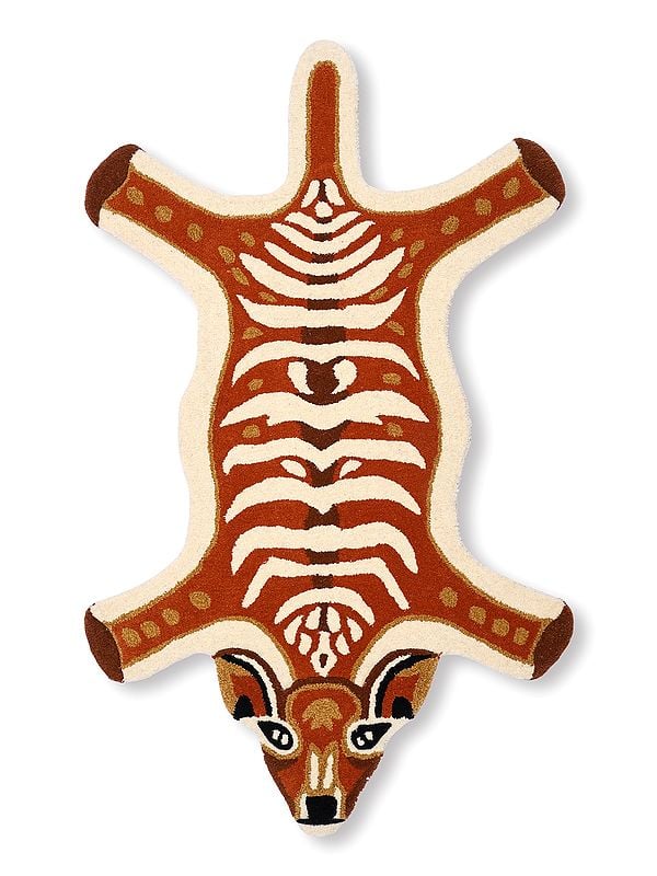 Cream and Brown Tufted Deer Shaped Asana Mat from Mirzapur