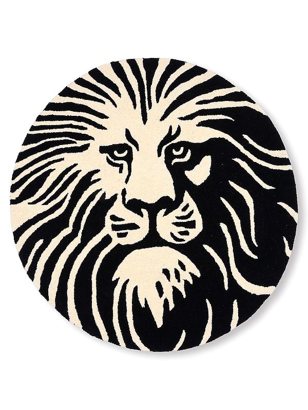 Black and White Lion Face Round Yogic Asana Mat from Mirzapur