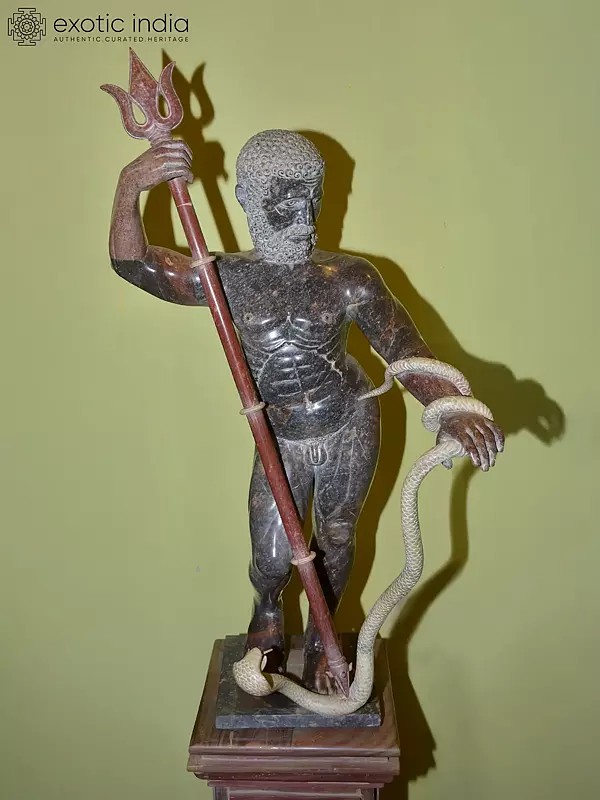 36" Hercules Holding Trident - Greek Figure Sculpture | Orissa Stone | Exquisite Handmade Indian Art