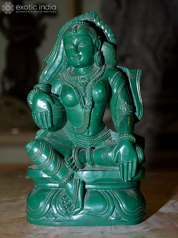 8" A Green Lady | Orissa Stone Statue | Exquisite Handmade Indian Art