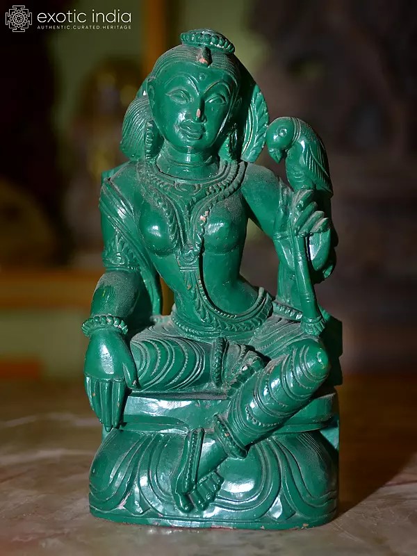 6" Lady with Parrot | Orissa Green Stone Statue | Exquisite Handmade Indian Art