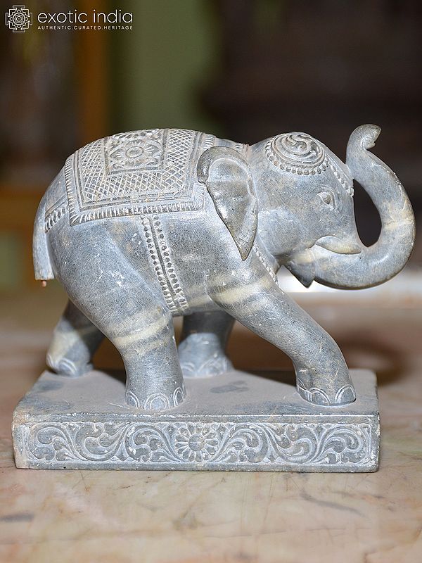 5" Elephant Welcoming with its Trunk | Orissa Stone Statue | Exquisite Indian Handmade Art