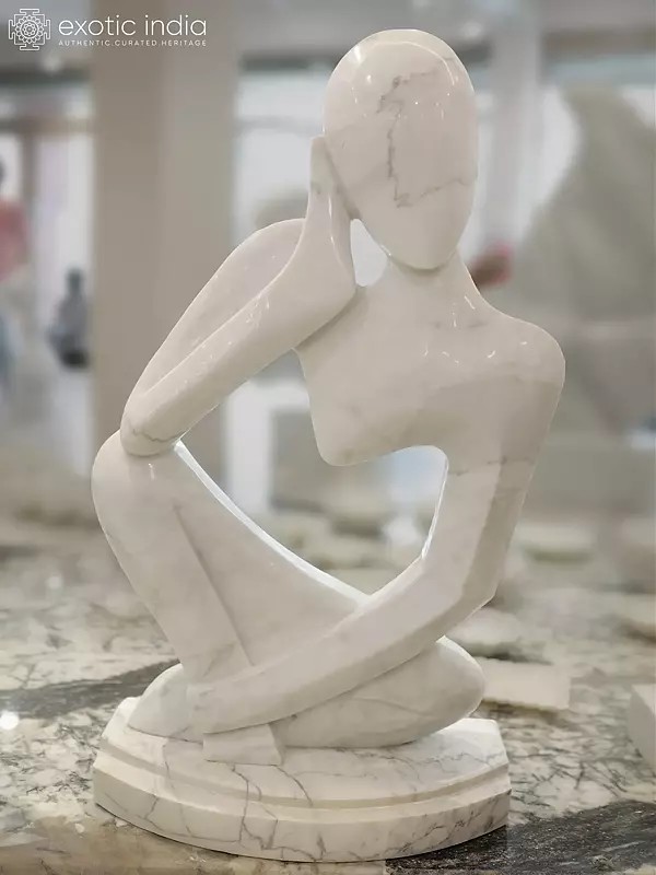 41" Seeking Peace of Mind | Abstract Art Statue | White Marble | Excellent Indian Art