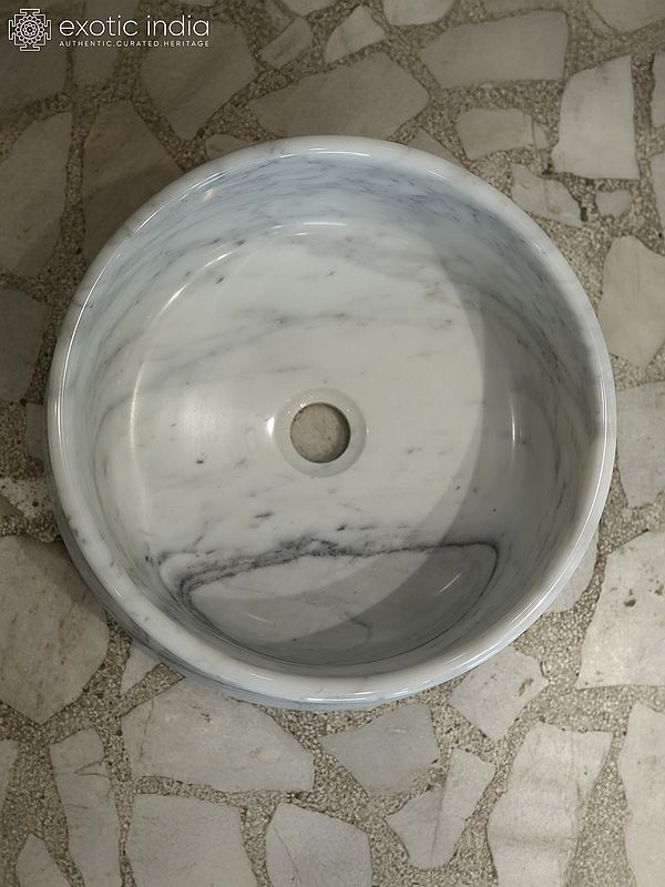 16" Wash Basin - Round Bowl | Home Decor | White Marble | Exquisite Indian Art