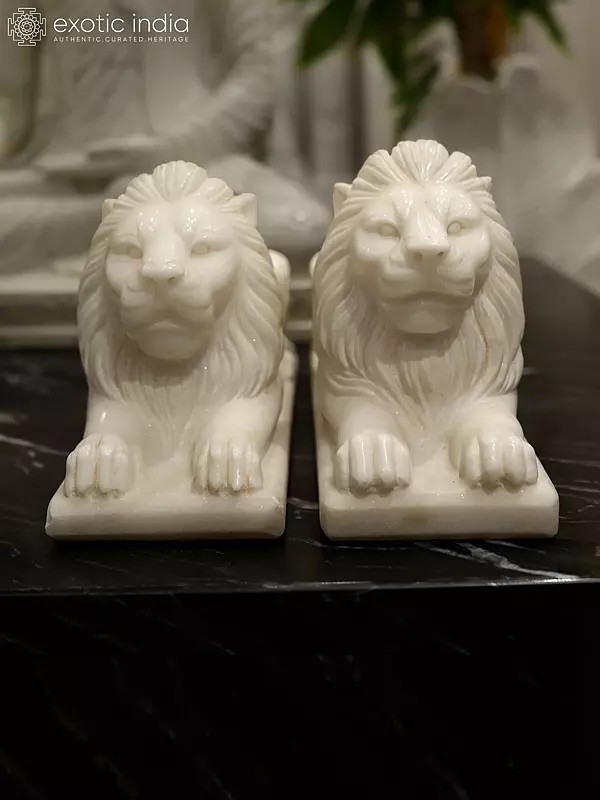 24" Symbol of Strength - Pair Statue of Lion  | Home Decor | White Marble | Exquisite Indian Art