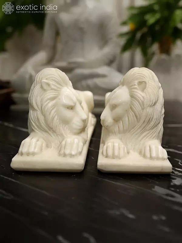 24" Lion - The King of Forest | Pair Statue | White Marble | Exquisite Indian Art