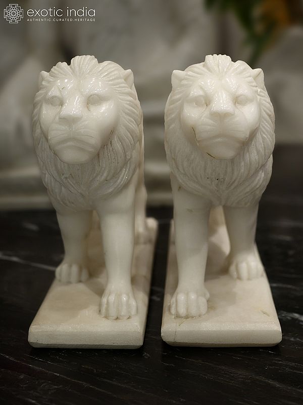 12" Symbol of Guardianship - Pair Statue of Lion | Home Decor | White Marble | Excellent Indian Art