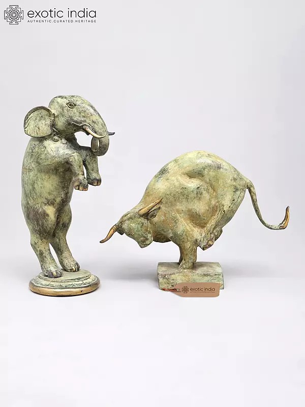 12" Pair of Dancing Elephant and Bowing Bull | Table Decor | Brass Statues