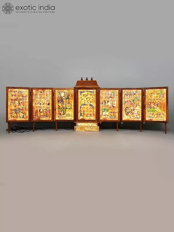 127" Huge Illuminated Krishna-Leela Shrine: Multi-Panel Andhra Leather Painting in Wooden Frame