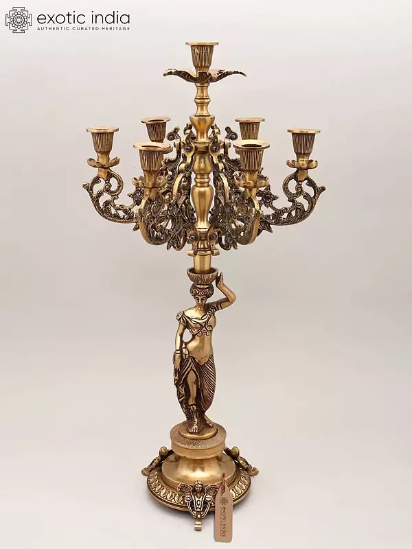 25" Brass Lady Holding Multi-Arm Candelabra | Home Decor