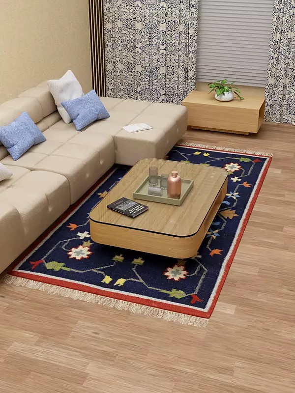 Insignia-Blue Durri from Bhadohi with Hand-woven Flowers