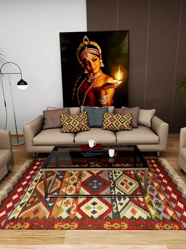 Multi-colored Handloom Durri from Bhadohi with Woven Traditional Motifs