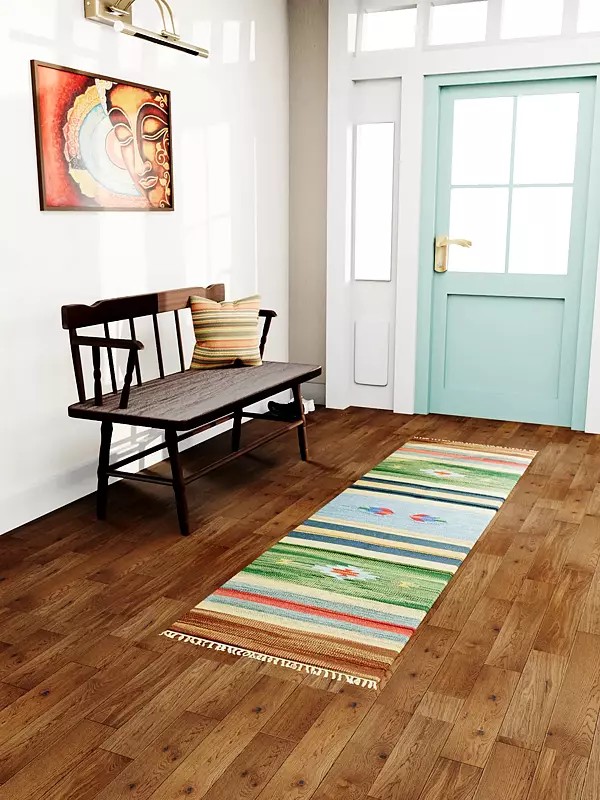 Multi-Color Runner from Sitapur with Woven Stripes and Motifs