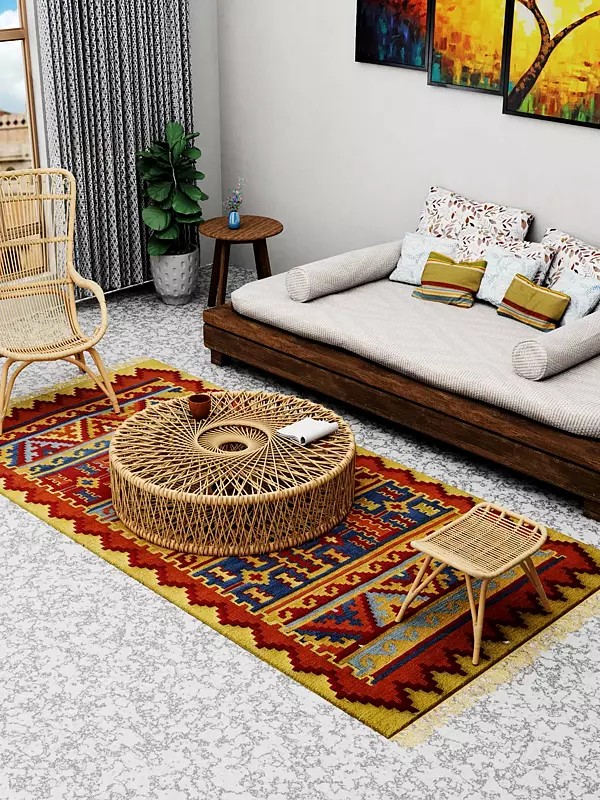 Italian-Straw Handloom Dhurrie from Bhadohi with Woven Motifs