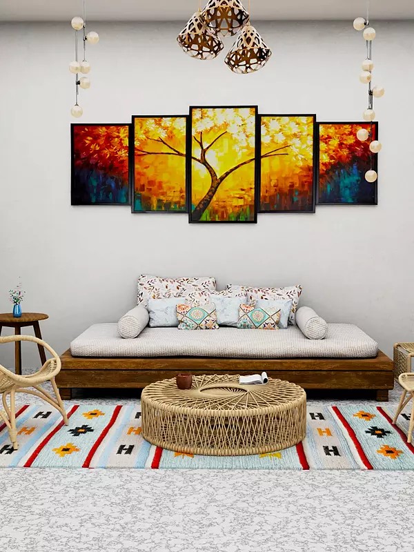 Eggshell-Blue Dhurrie from Sitapur with Woven Motifs and Stripes