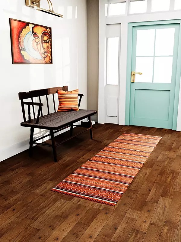 Russet-Orange Pure Wool Dhurrie from Gujarat with Woven Motifs