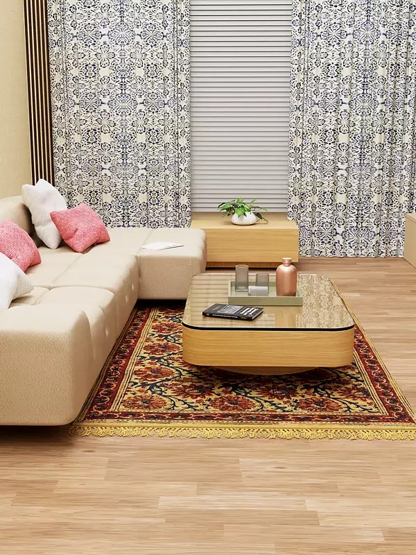 Straw and Brown Kalamkari Asana from Andhra Pradesh with Printed Flowers