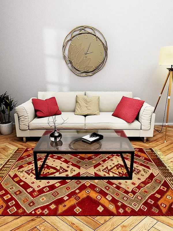 Garnet-Red Handloom Dhurrie from Bhadohi with Woven Bootis