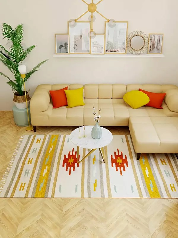 Whisper-White Handloom Dhurrie from Sitapur with Woven Motifs